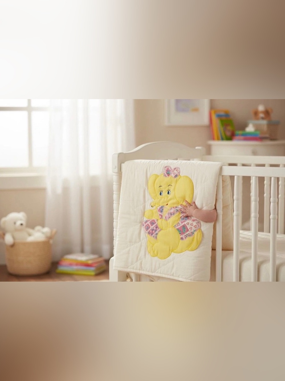 Baby Crib Blanket with Yellow Elephant Applique